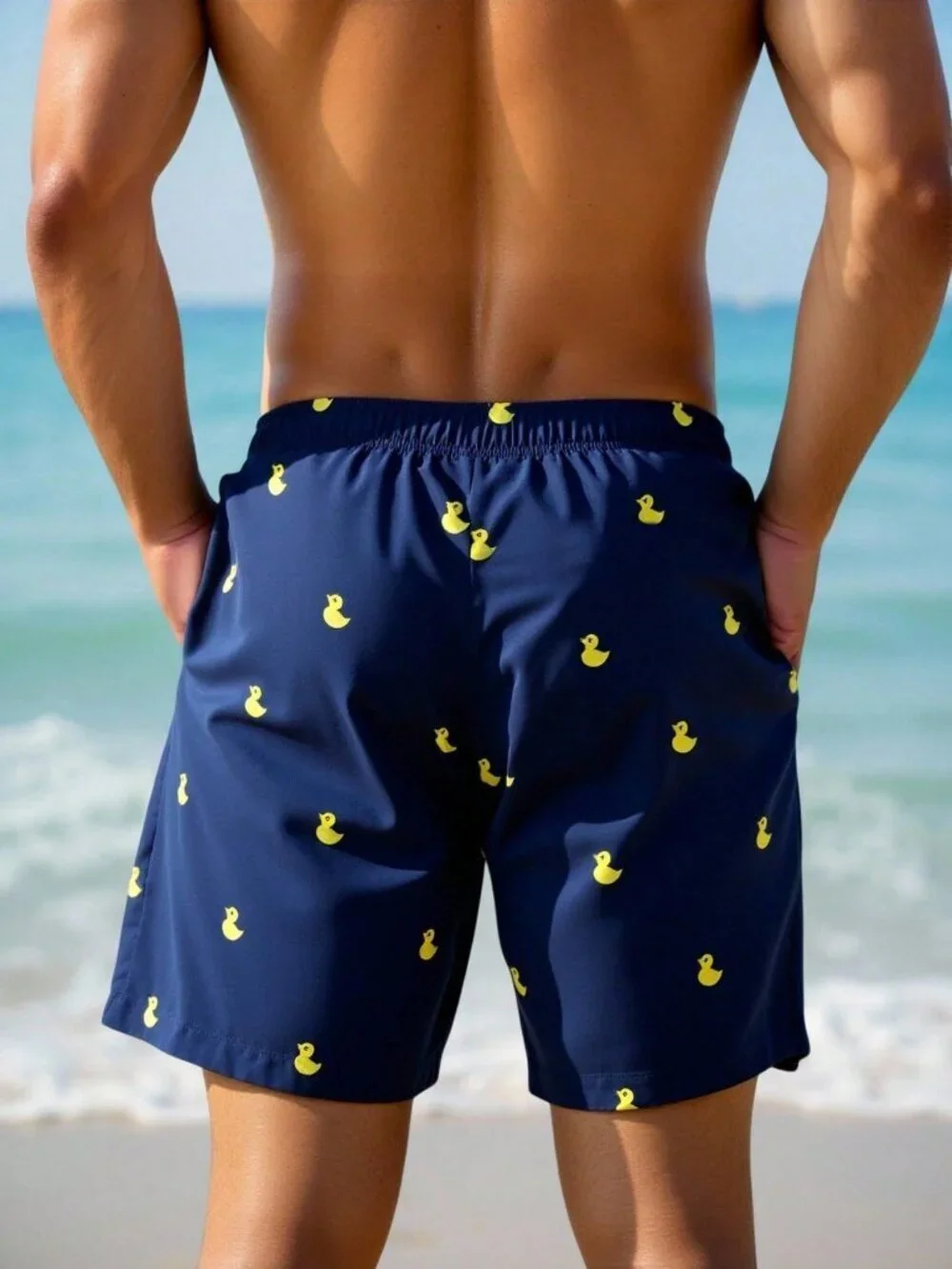 Navy Blue Cartoon Duck Print Men's Drawstring Waist Beach Shorts Swim Trunks